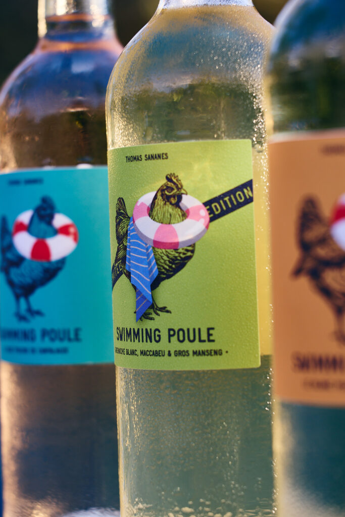 Bouteilles de vin avec étiquettes créatives.